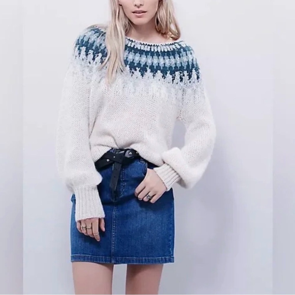 Free People Baltic Fair Isle Sweater M Wool Blend Nordic Boho Blue Cream